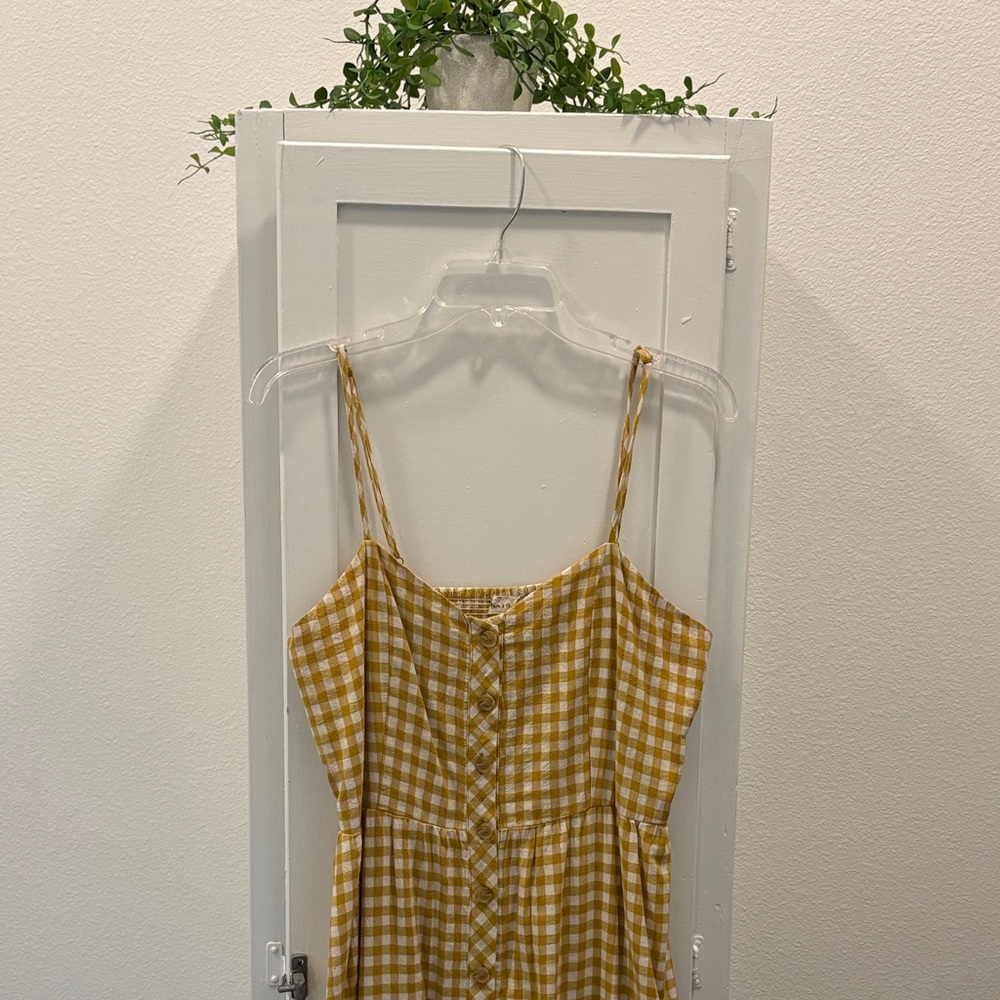 Mustard Gingham Midi Dress with Button Front